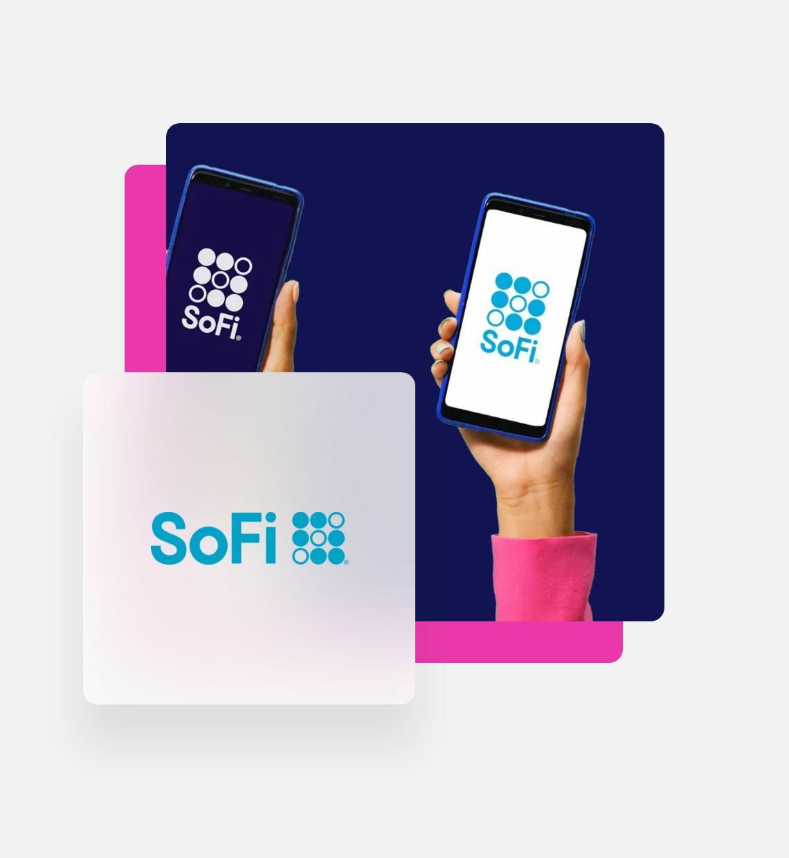 SoFi logo with hand holding phone